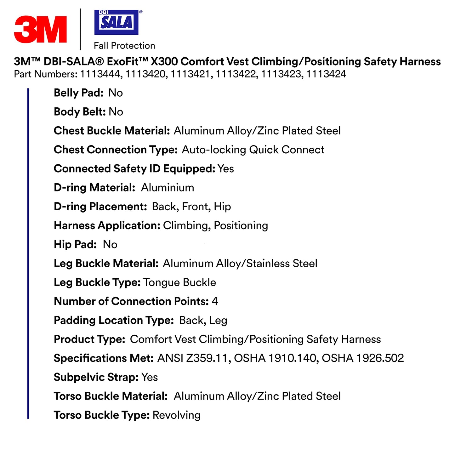 3M 1113421 DBI-SALA ExoFit X300 Comfort Vest Climbing/Positioning Safety Harness, General Industry Fall Protection, Back, Front, and Hip D-Rings, Tongue Leg Buckle, Quick Connect Chest, Medium