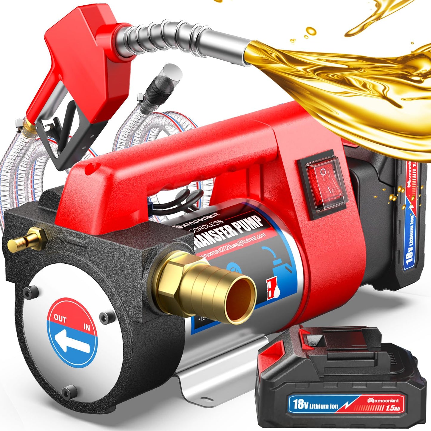 Mxmoonant Fuel Transfer Pump Kit, Battery Powered Diesel Transfer Pump 12GPM Portable Self Priming Pump with 2 Lithium Batteries, Auto Fuel Nozzle, Hose for Kerosene Boat Truck