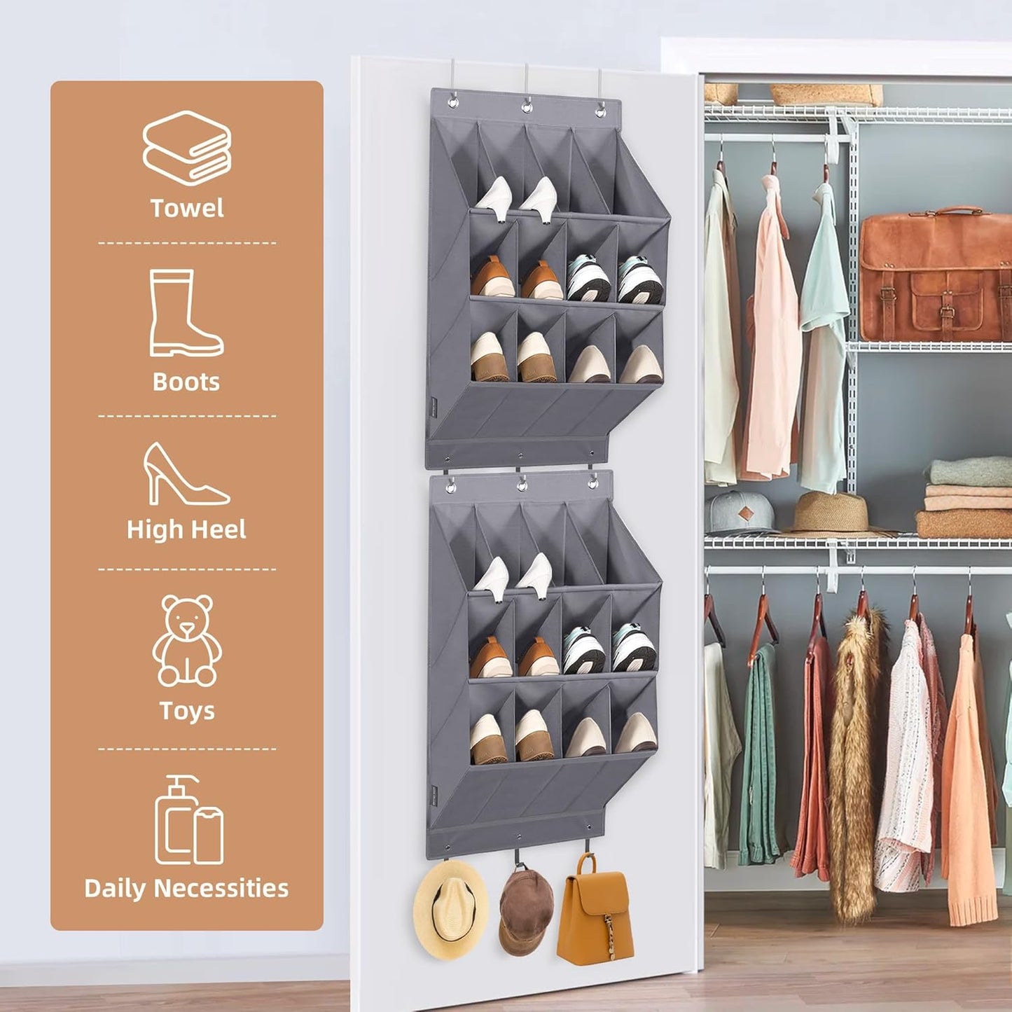 Storage Maniac Over Door Shoe Organizer - 12 Large Pockets for Efficient Closet Storage | Grey