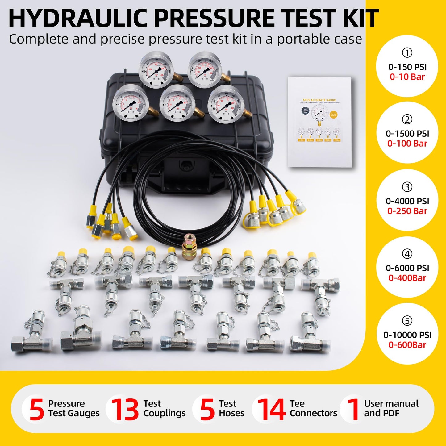 GRYVOZE Hydraulic Pressure Test Kit with 5 Gauges(Max 10000 PSI), 13 Test Couplings 14 Tee Connectors 5 Test Hoses, Hydraulic Gauge Tester Set for Excavator, Construction, Machinery, and Mine