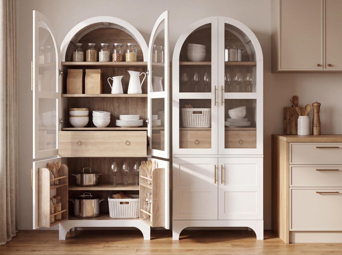 71" Tall Arched Kitchen Pantry Cabinet with Hidden Large Drawers,Food Pantry Storage Cabinet with Glass Door,3 Adjustable Shelves,4 Door Shelves,Freestanding Cupboard for Kitchen, Dining Room(White)