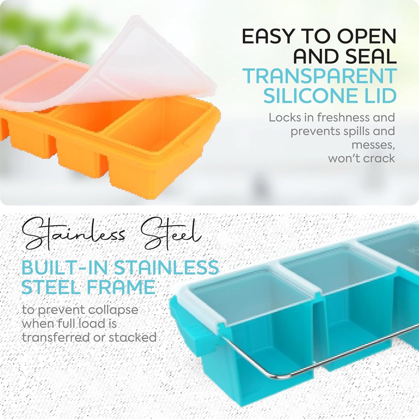 XOMOO Silicone Freezer Tray With Lid | Large Ice Cube Molds for Soup & Meal Prep - 2-Pack, Dishwasher Safe