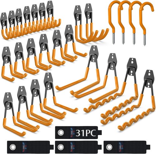 Heavy Duty 31-Pack Garage Wall Hooks - Anti-Slip Steel Storage for Ladders & Yard Tools | Orange