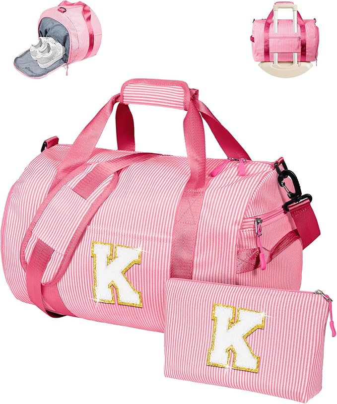 Gift for 5 6 7 8 9 Year Old Girls, Girl Gym Bag, Kids Initial Overnight Duffel Bags with Shoe Compartment, Personalized Travel Bag with Makeup Pouch, Weekend Trips Essentials (Letter K)