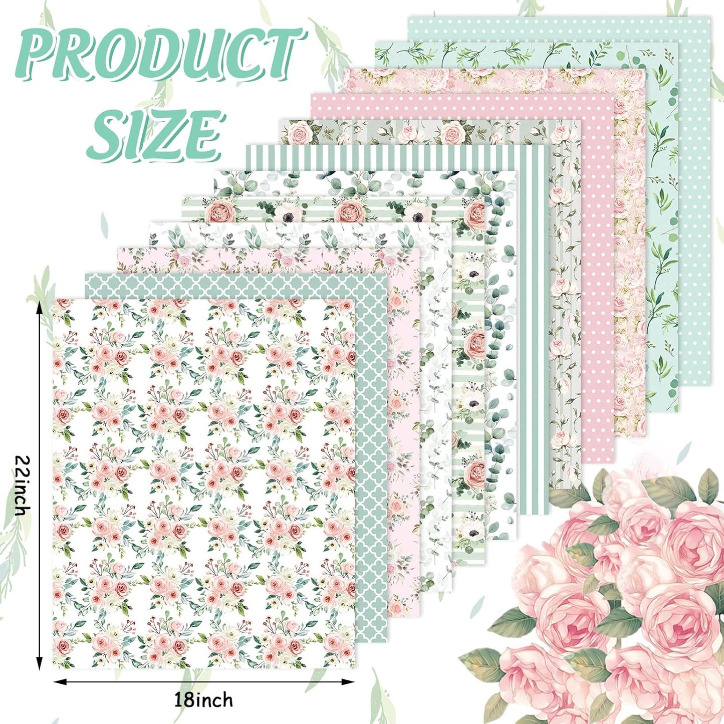 Whaline Cotton Fabric Bundles - 12Pcs Floral Greenery Print | 18 x 22 Inch Fat Quarters for DIY Crafting