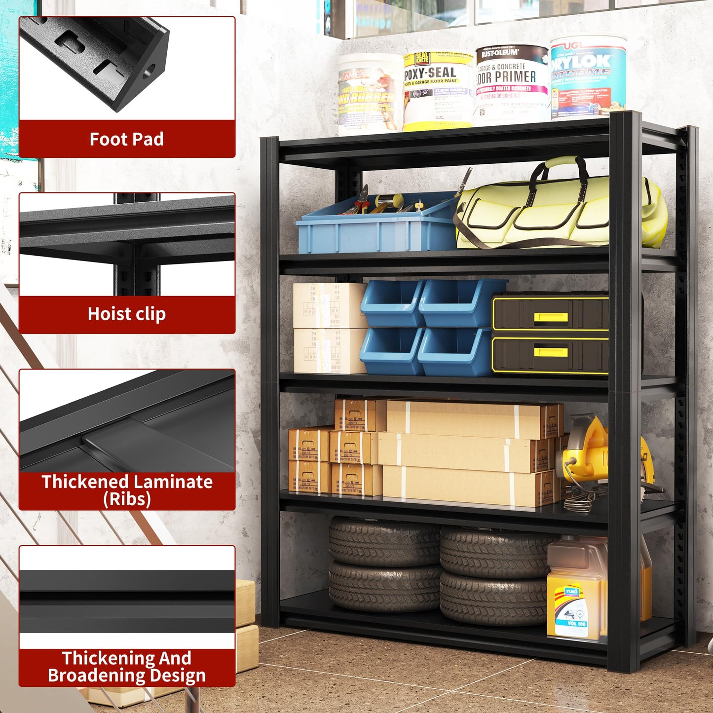 OPTYMIRA 5 Tier Metal Garage Shelving Units and Storage,78" H*48" W*18" D Heavy Duty Shelves Adjustable,2000lbs Load-Bearing,Utility Racks Industrial Steel Shelf for Warehouse Basement Shop