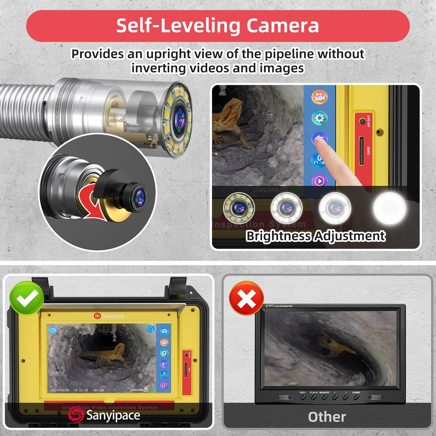 Sanyipace 7MM Cable Sewer Camera with Locator, 165FT/50M Drain Camera with 512Hz Transmitter, Self-Leveling Inspection Camera with Distance Counter, 10.1" Touch Screen, Wireless Keyboard, 32GB Card
