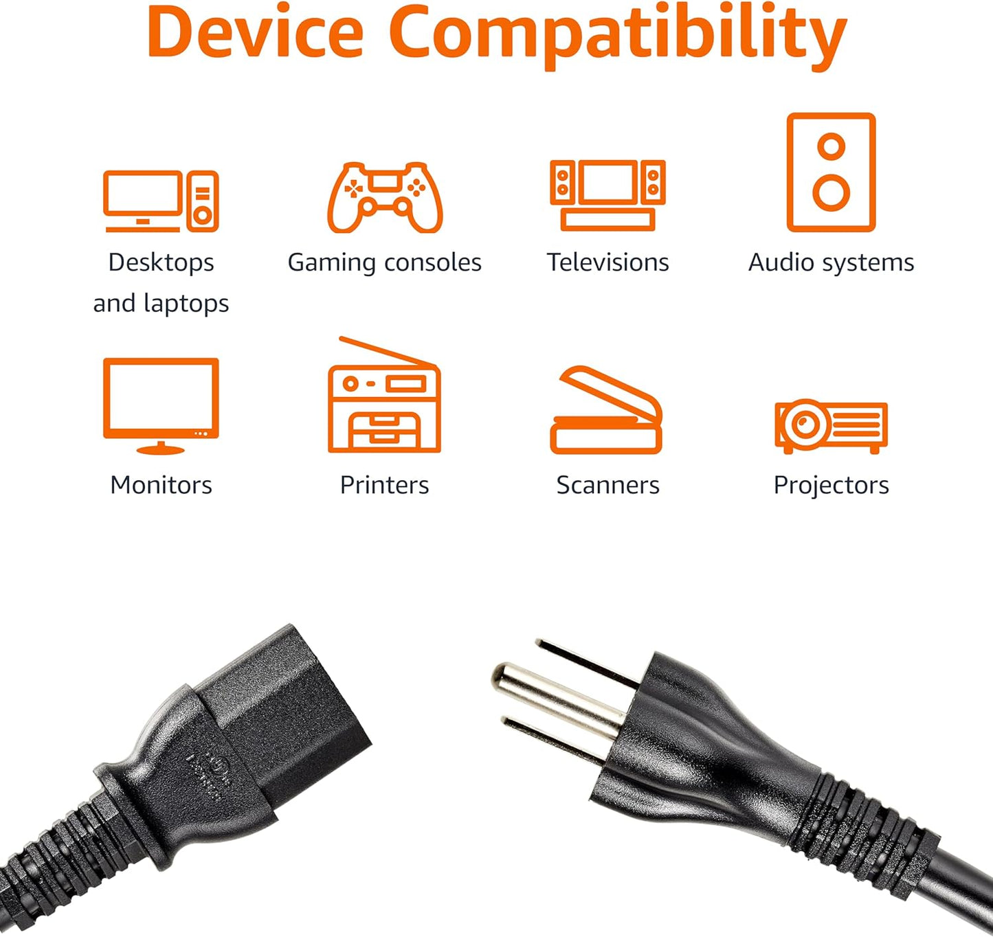 Amazon Basics 6 3 18 125 5-15P IEC320C13, PC Power Cable, feet, AC Power Cord for Monitor, Computer, TV, Prong, AWG