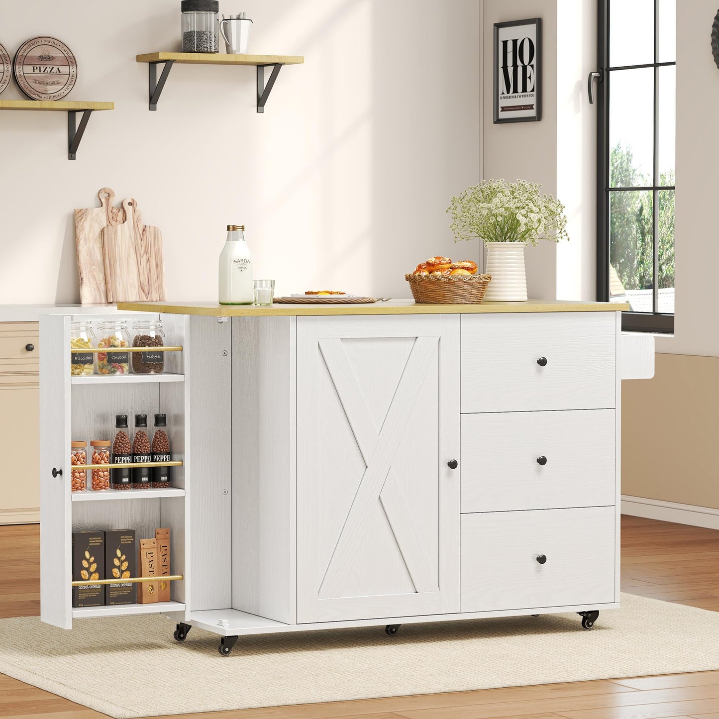 IRONCK Kitchen Island with Storage, 47.2in Rolling Island on Wheels, Kitchen Cart with Drop Leaf, 3 Spacious Drawers, Storage Cabinets and Towel Rack for Home, Dining Room