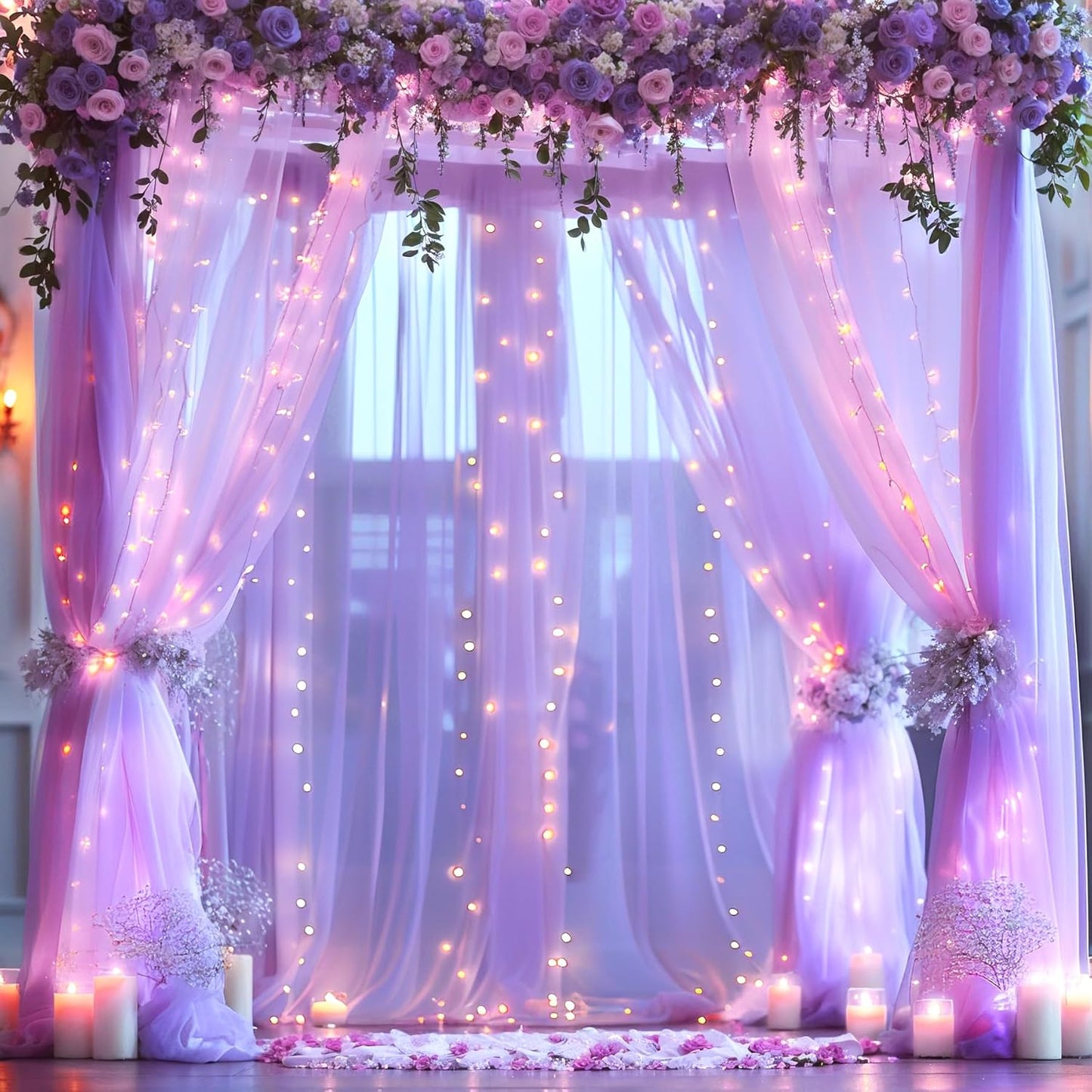 Suppromo 208ft Decorations(4 58ft) Lavender Tulle Backdrop Curtain with Lights String for Wedding Baby Shower Lavender