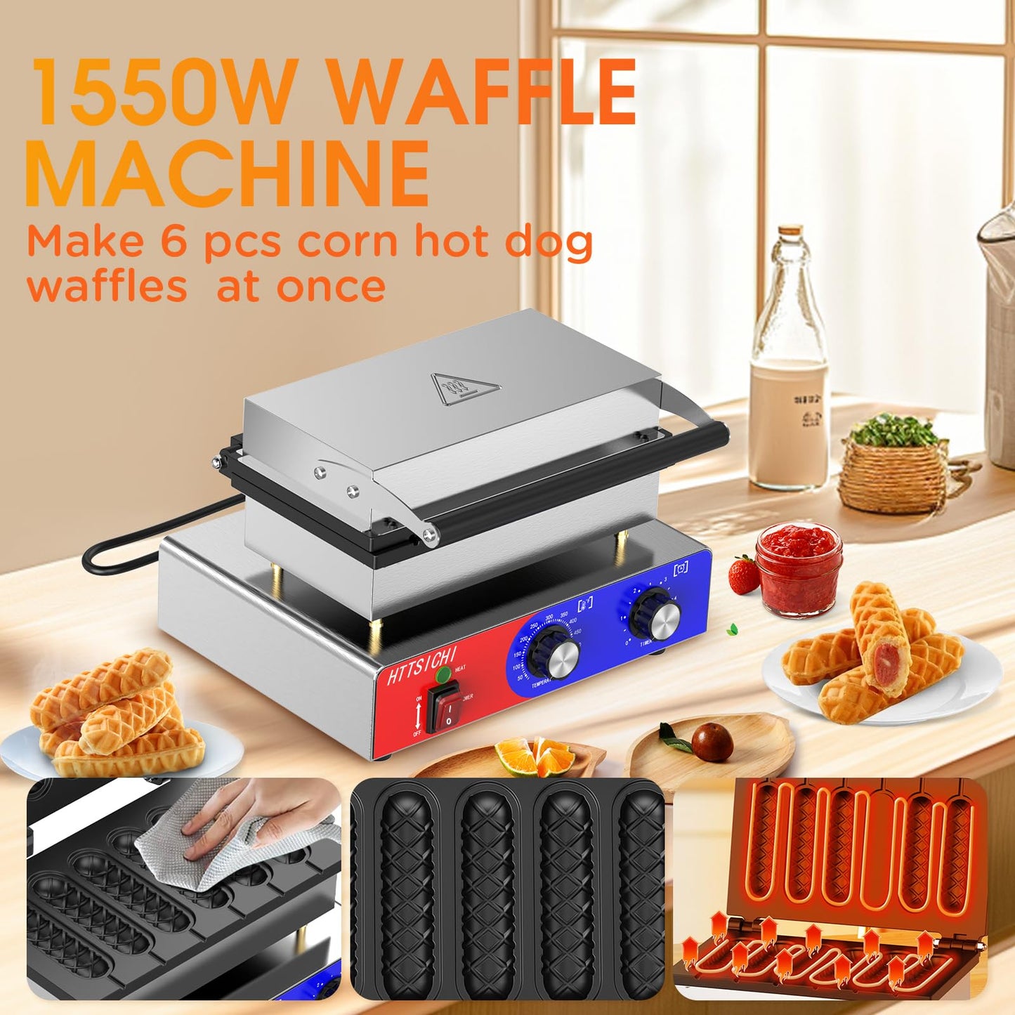 HTTSICHI Waffle Stick Maker -Commercial Corn Dog Maker w/Non-stick Baking Pans, 550 ℉ Temperature and Timer, 1550W Corndog Maker Machine for Double Baking, 110V Waffle Stick Maker Machine for Hotel