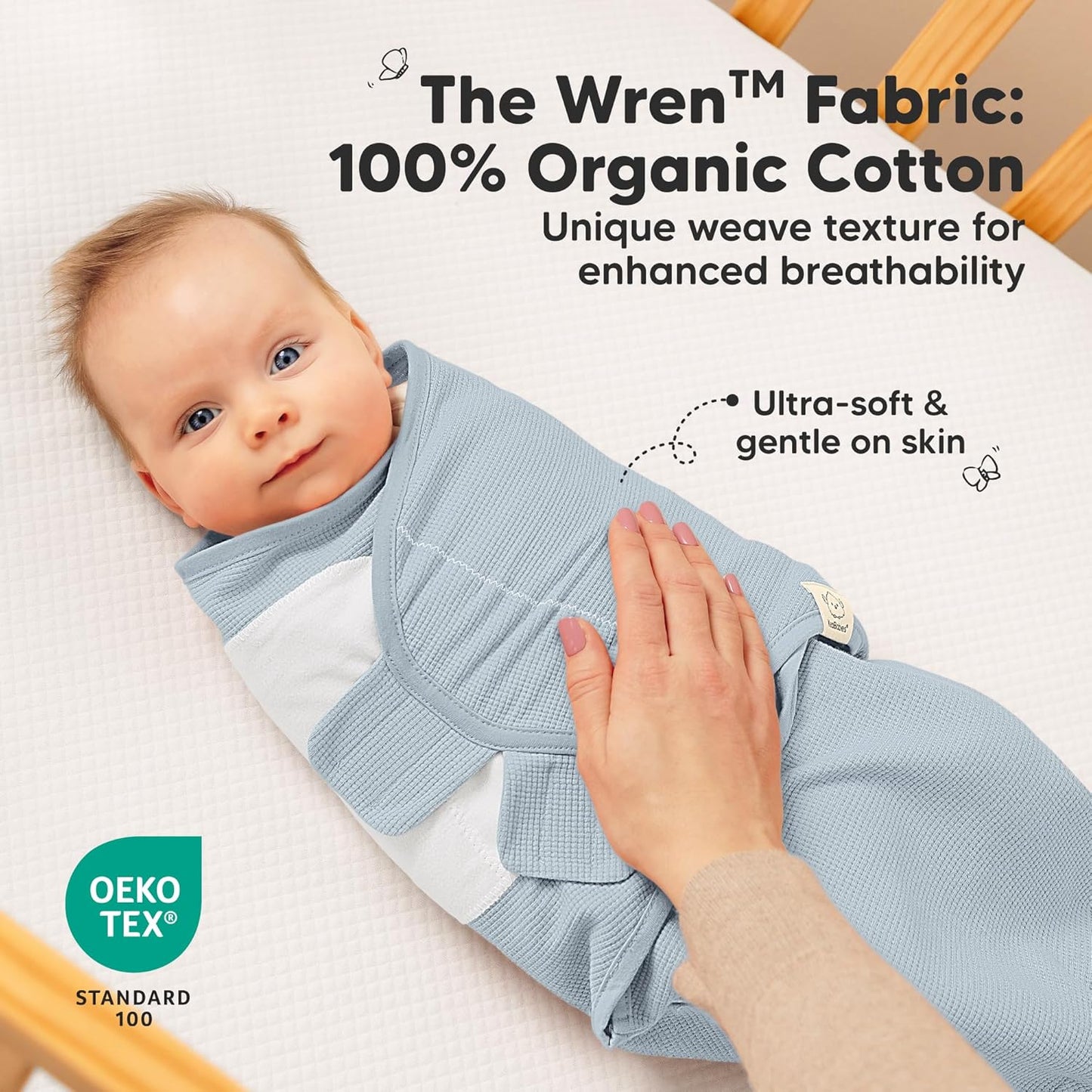 Skiennix Organic Swaddles - Soft & Snug Baby Sleep Sacks for Newborns 0-3 Months | Large Hook & Loop Closure (Glacier)