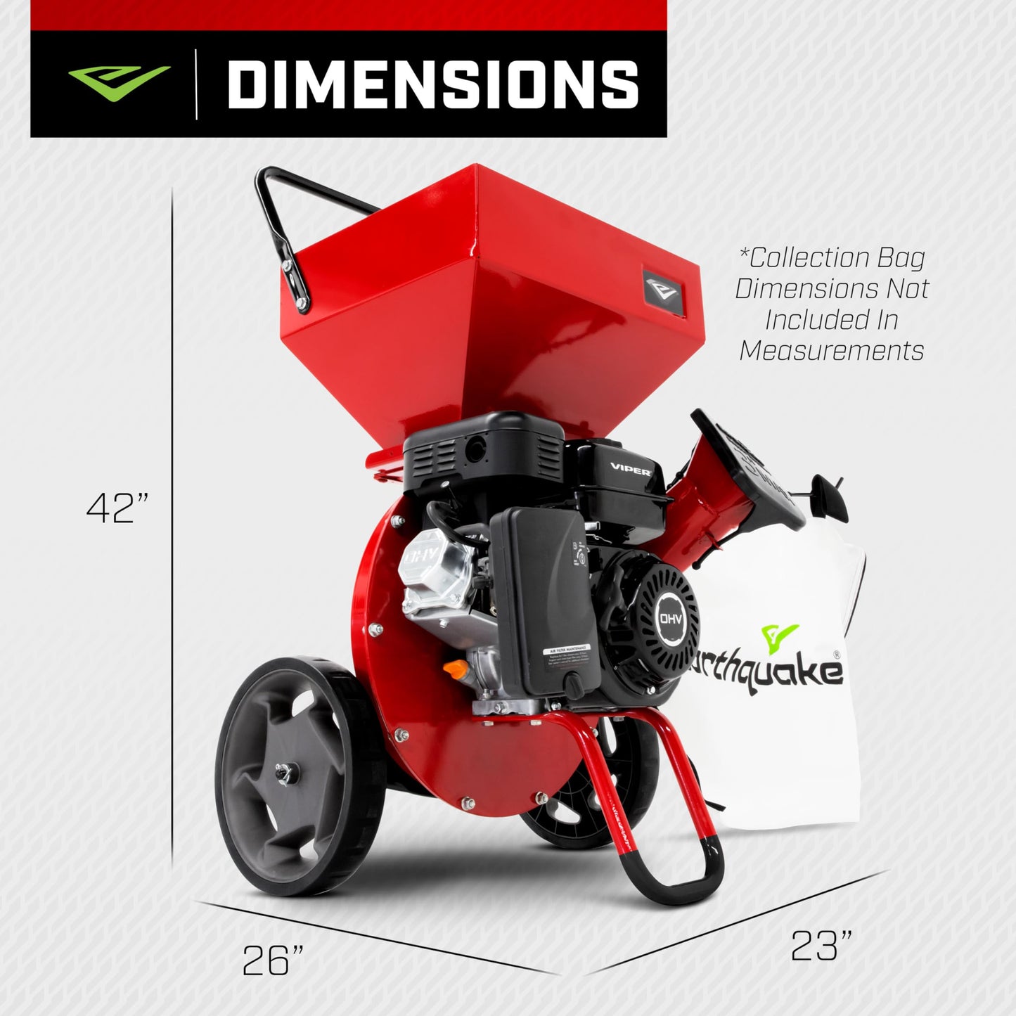 Earthquake 33968 K32 Chipper Shredder, Heavy Duty 212cc 4 Cycle Viper Engine, Chip Branches up to 3” in Diameter, 20:1 Reduction, Airless Wheels, Included Debris Bag, Red