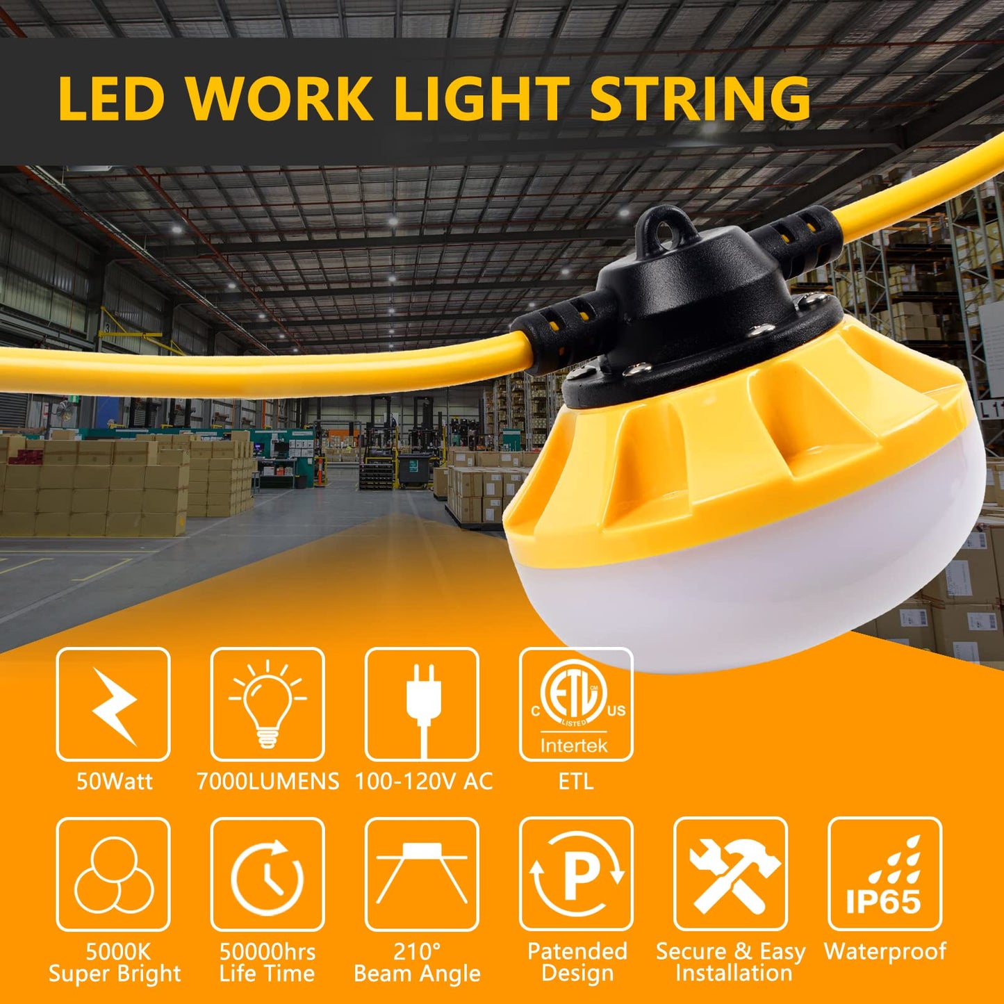 Alitamei 200FT Construction Lights, 200W Temporary Lighting with 20 Medium Base Sockets (E26), Bright Linkable Job Site Lighting LED Work Lights for Indoor Outdoor Construction Lighting