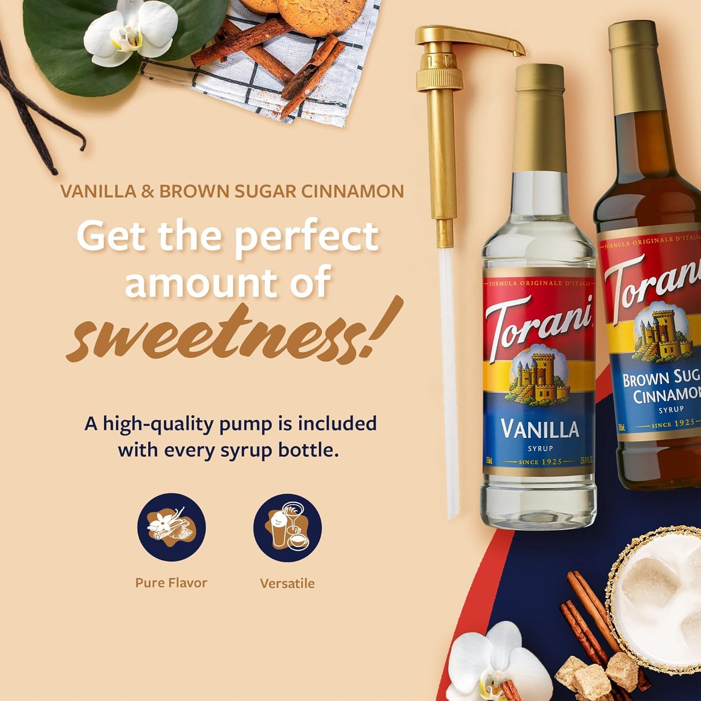 Torani Syrups - Brown Sugar Cinnamon & Vanilla Coffee Syrup Variety 2-Pack | 25.4 Fl Oz Each