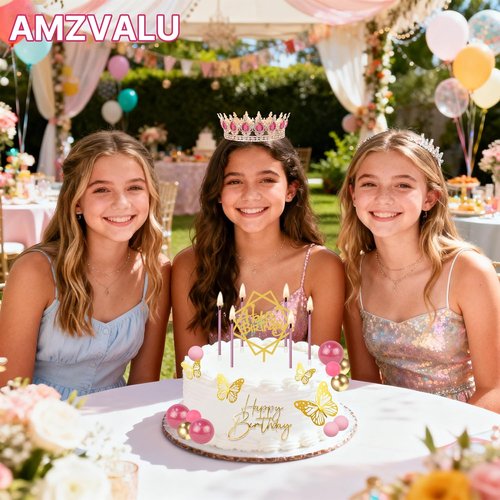 AMZVALU Crown Cake Topper Set - 3 Happy Birthday Decorations with Candles & Butterflies | Rose Gold & Pink