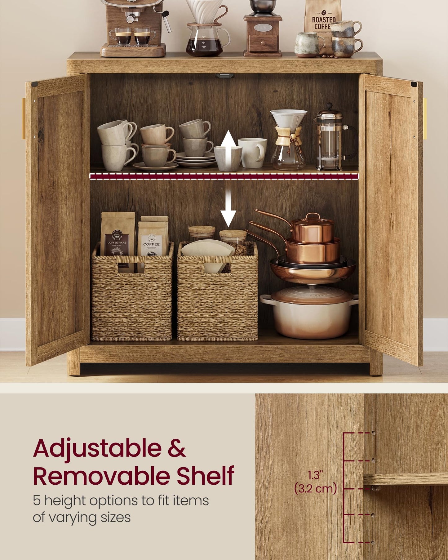 VASAGLE ELLAN Collection - Boho Buffet Cabinet with Rattan-Look Doors, Sideboard Storage Cabinet, Rounded Corners, Adjustable Shelf, for Kitchen, Natural Brown UBBK345KC01