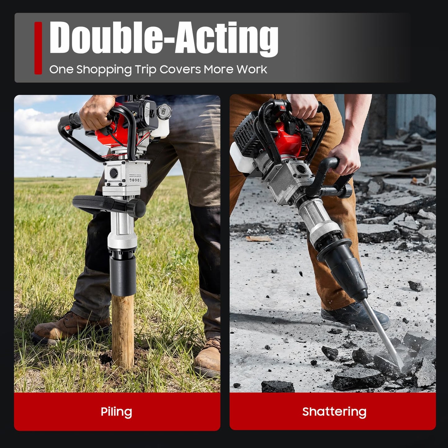 YIYIONCE 2-Stroke Gas Powered T Post Driver 32.7CC 1000W Gas Powered Pile Driver 2 In 1 Fence Post Driver with Air Cooled T Post Driver Hammer Drill with Conversion Head, Chisel & 2 Sleeves | US STOCK