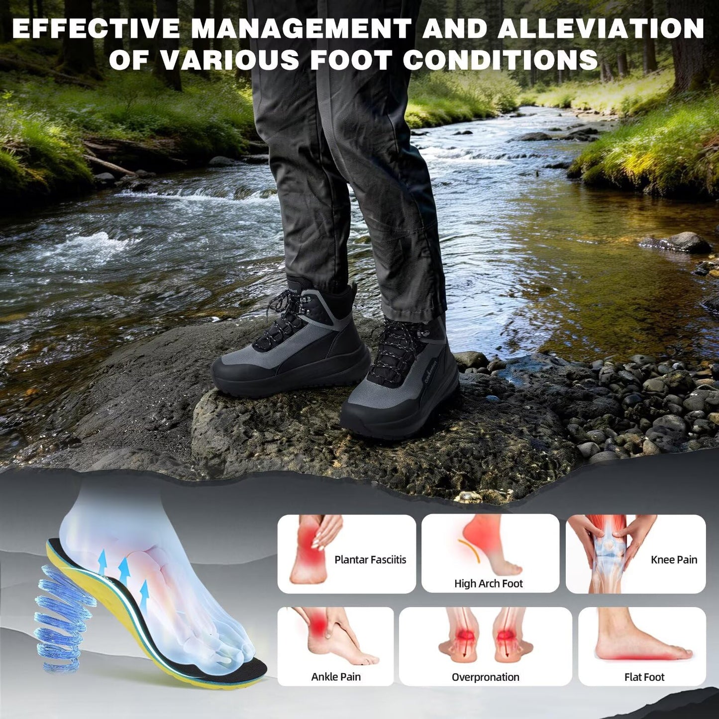 Men's Orthopedic Wide Hiking Boots: Comfortable Plantar Fasciitis Orthotic Arch Support Bunions Recovery Trail Sneakers, Leisure Gowalk Diabetic Stylish Standing Walking Shoes Black Size 11