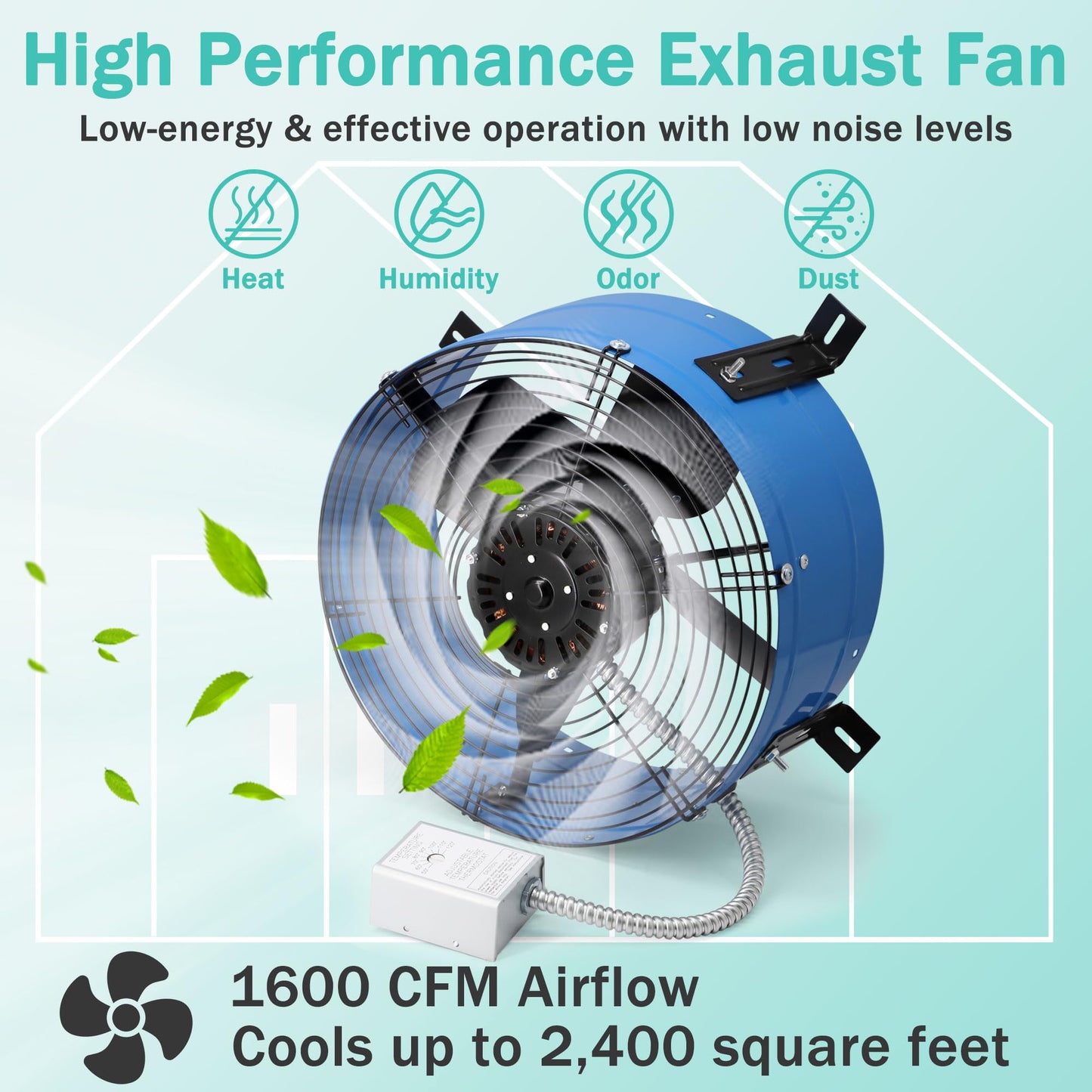 Hipoilk Gable Mount Attic Fan with Adjustable Thermostat, 15 Inch Exhaust Fan for Attic, Garage, Shed, Shop Ventilation, 1600 CFM, 1050 RPM, 2400 SQF Coverage Area