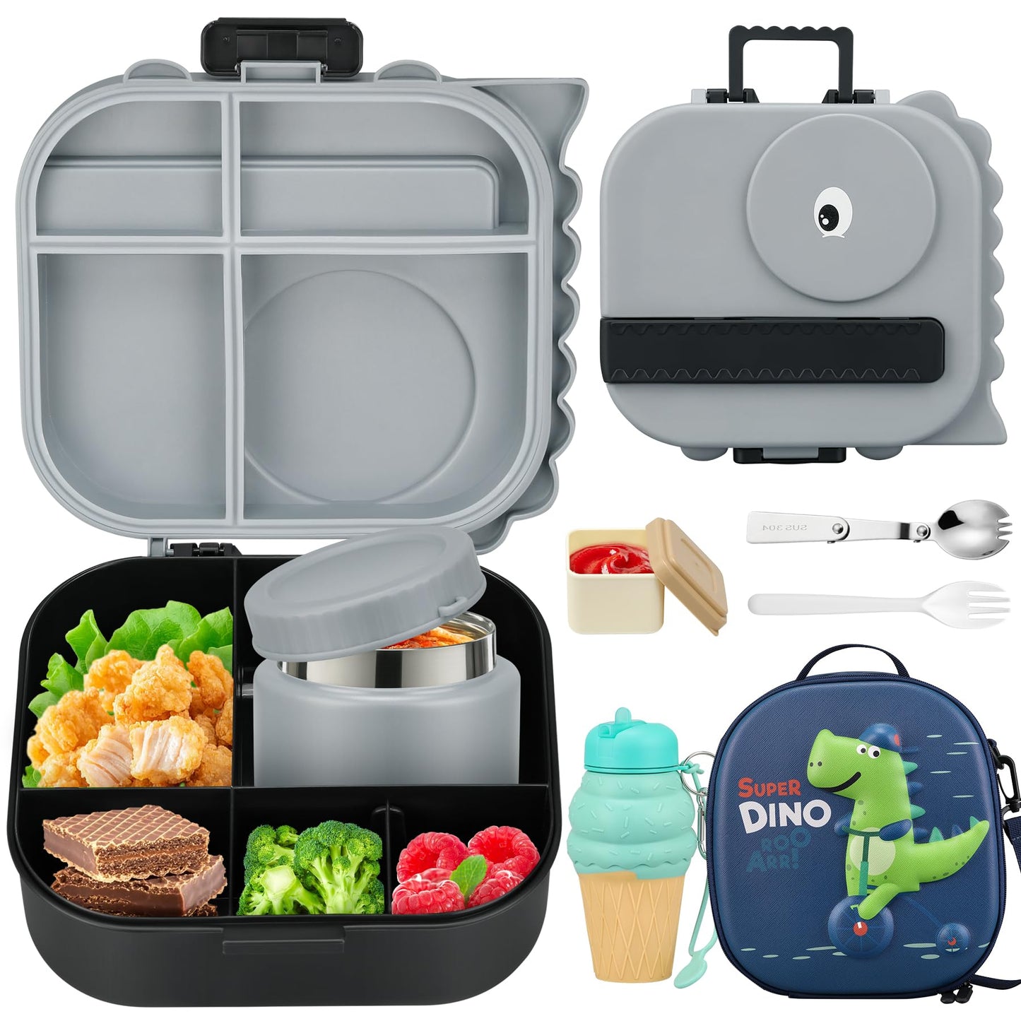 Lunch Box with 13oz Soup Thermo for Hot Food Kids Insulated Food Jar Container with Silicone Water Cup and Spoon & Fork Leak Proof Bento Box Set with 5 Compartment Lunch Bag for School Travel