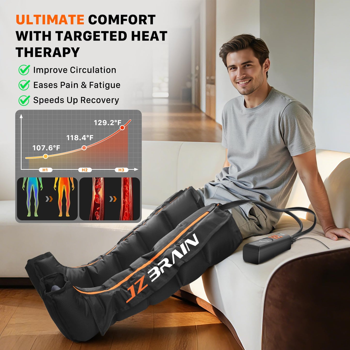 JZBRAIN Air Compression Leg Recovery Boots : Sequential Full Leg Compression Massager System for Muscle Relaxation & Relief - 11 Intensity 6 Modes 3 Heat for Athletes & Gym (Large)