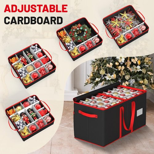 Kesfitt Christmas Ornament Storage Box - Large Organizer with 8 Trays & Dividers for 128 Ornaments | Black