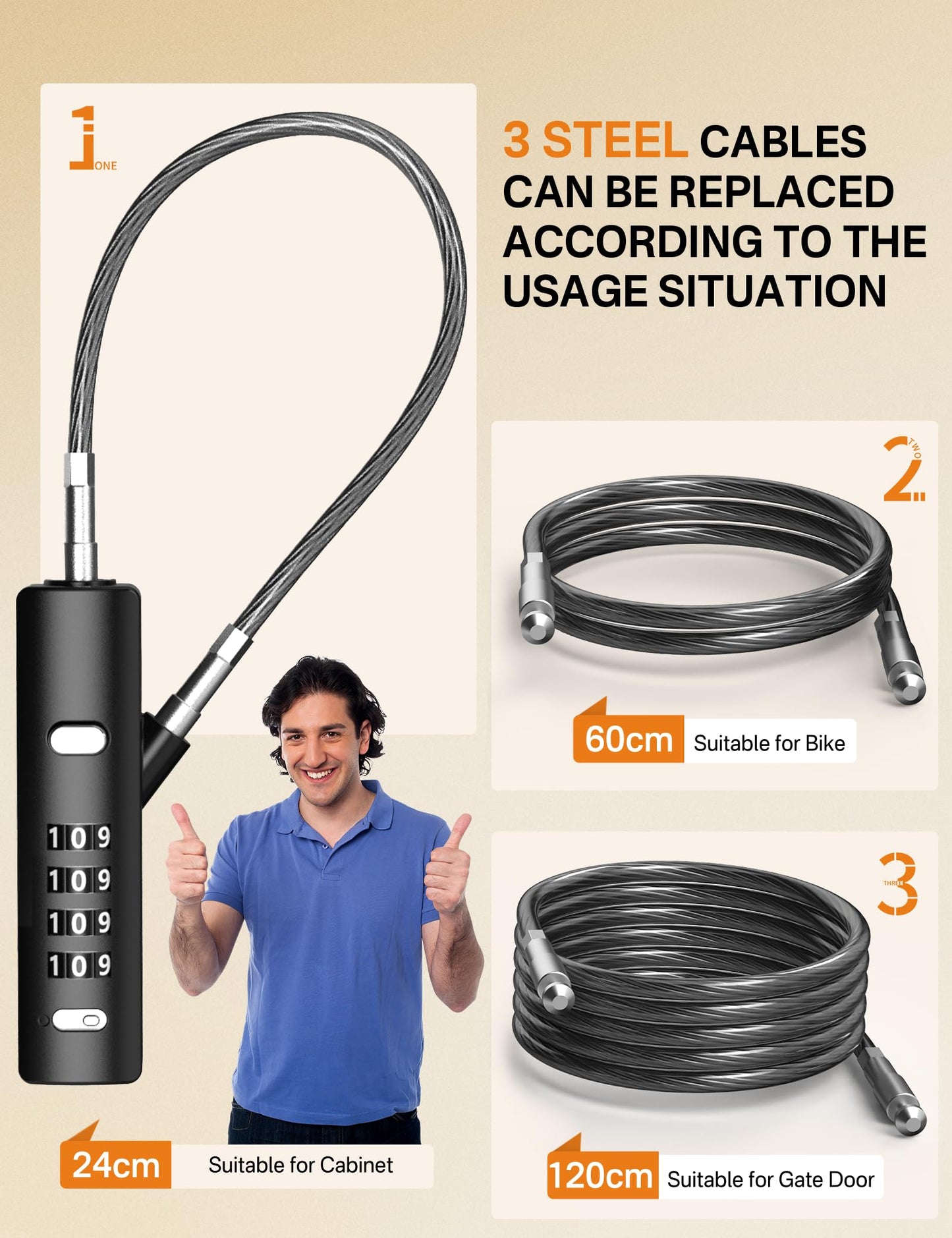 I-EASYDWW 4-Digit Combination Cable Luggage Lock with 3 Interchangeable Steel Cables (9"/24"/47") – for Bike, Backpack, Gym, Cabinet, Gate (Gray, 2 Pack)