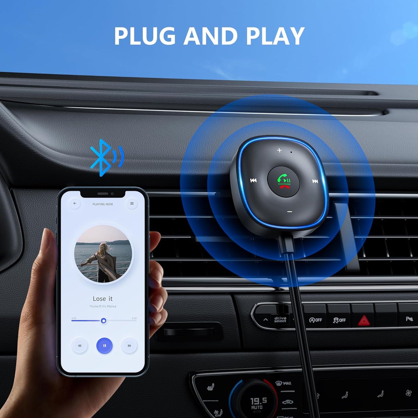 SONRU 5.3 Bluetooth Aux Car Adapter, Bluetooth Receiver for Car [Dual Connection & Mic Noise Cancellation], Aux Adapter