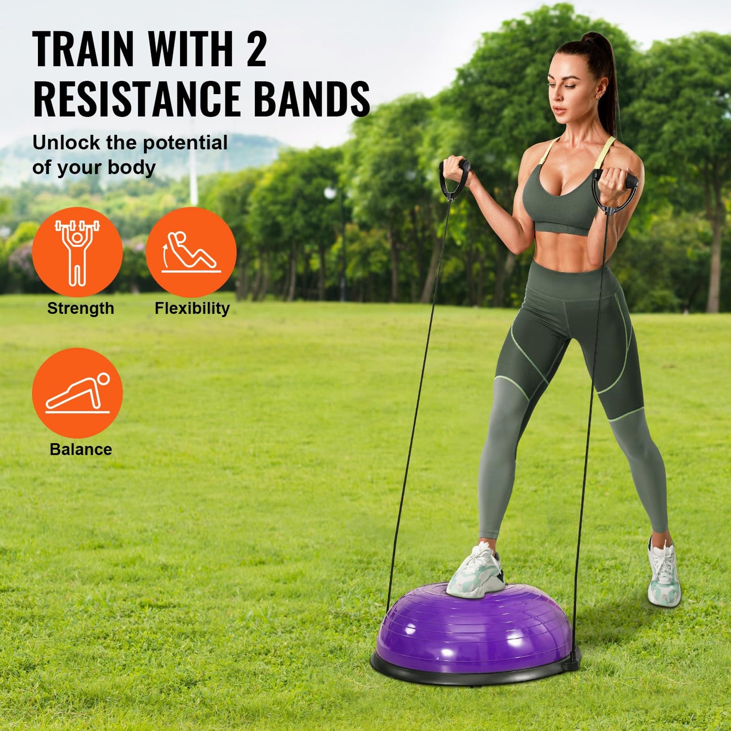 VEVOR 23-inch Half Exercise Ball Trainer, 660 lbs Capacity Balance Ball, Includes Resistance Bands and Pump, Ideal for Full Body Workouts, Yoga, and Strength Training at Home Gym, Purple