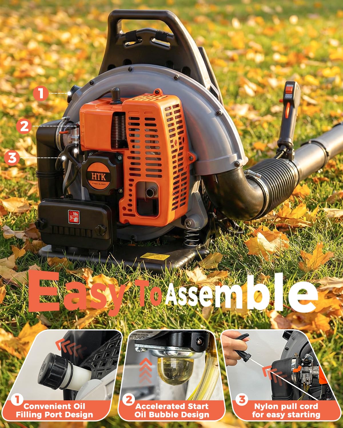 HTK Backpack Blower, 63CC Gas Powered Leaf Blower with 665 CFM & 205 MPH for Commercial Lawn Care, Yard Debris & Snow Removal (Orange)
