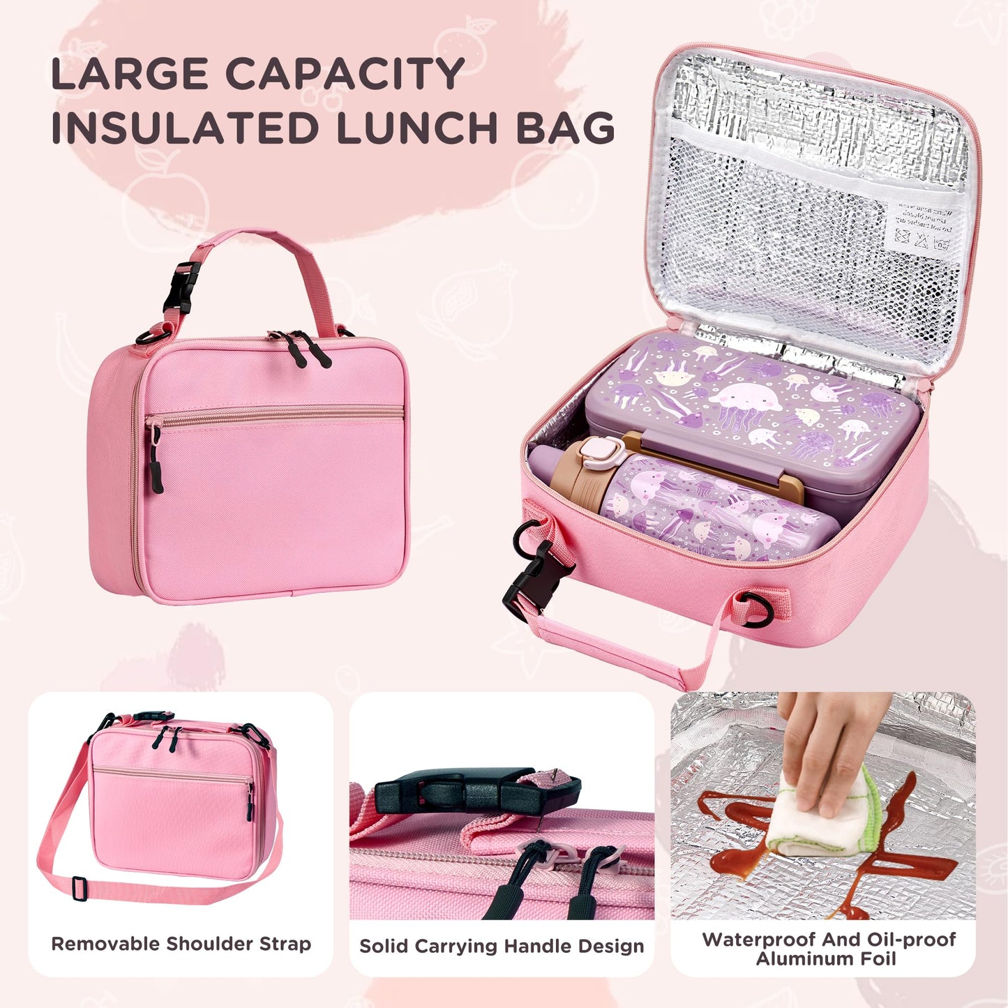MAISON HUIS Bento Box for Kids with 8oz Soup Thermo, Insulated Lunch Bag & 17oz Water Bottle, 2-Compartment Bento Box with Built-In Ice Pack, Leak-Proof & BPA-Free