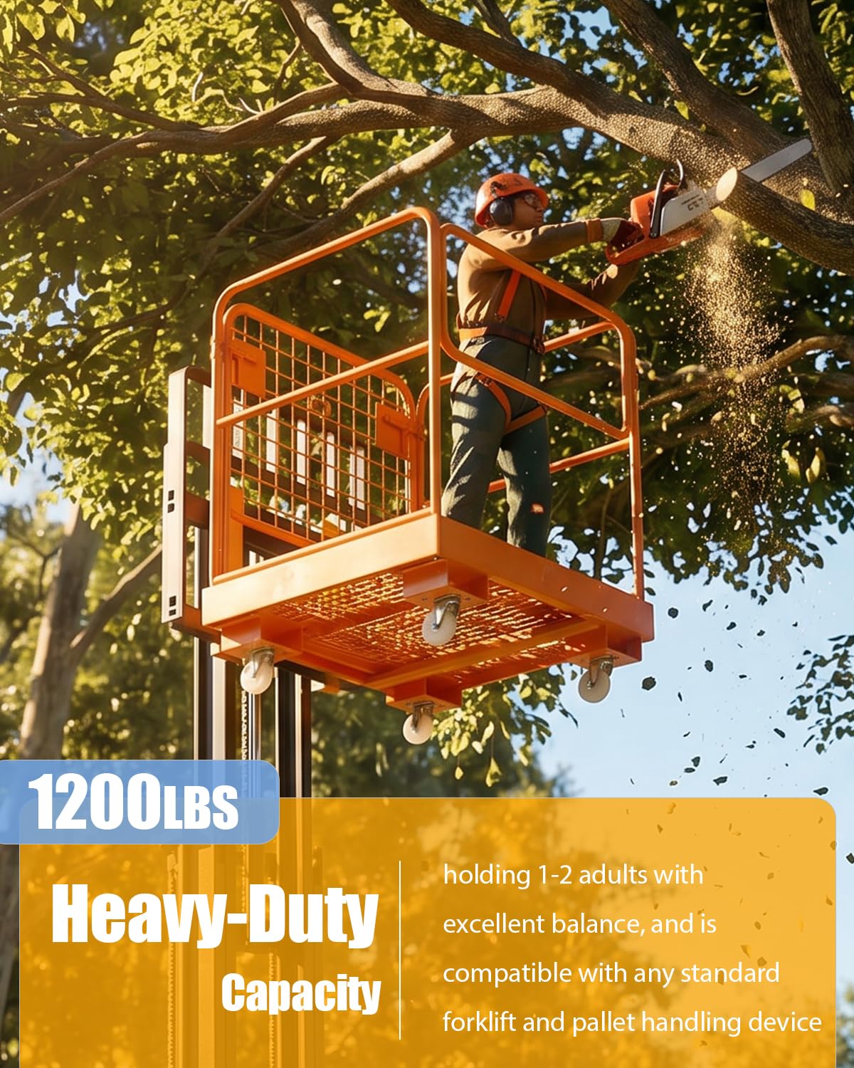 Forklift Cage 36x36 Inches Work Platform Safety Cage，Collapsible Lift Basket with 4 Wheels Device Chain for Aerial Work Lifting Loader