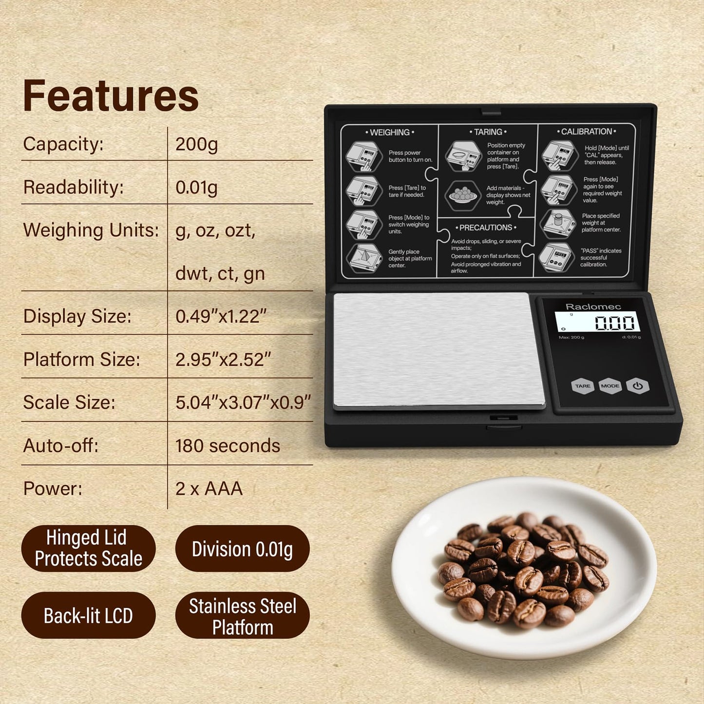 Raclomec Digital Gram Scale 200g x 0.01g Jewelry Scale, Gram, Ounce, Carat, Grain, for Food, Ingredients, Gemstone, Gold Coin, Spice, Medicine and Powder Weighing
