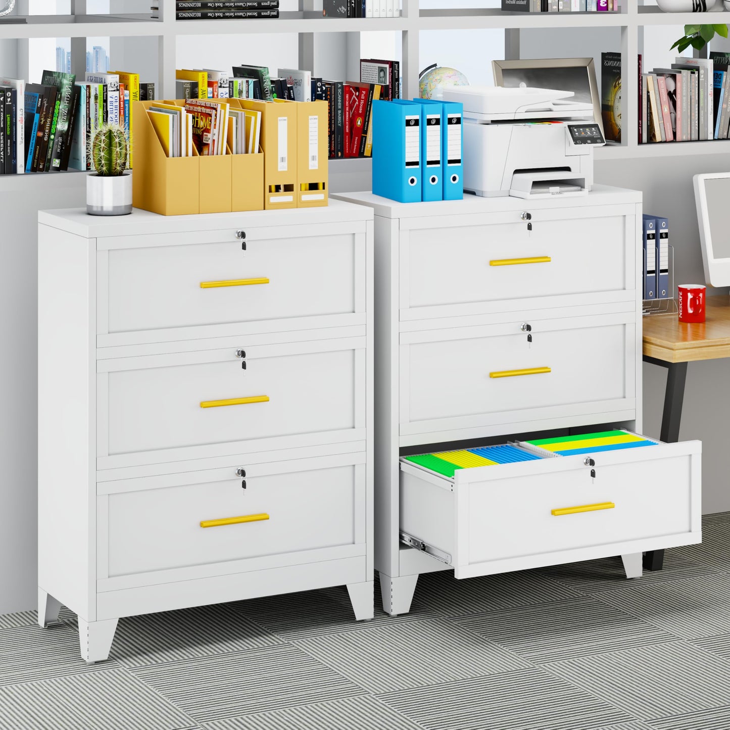 GAIOUS 3 Drawer File Cabinet with Lock, Metal Lateral Filing Storage Cabinet for Office Home, Steel Vertical File Cabinets for A4 Letter Size Documents, White Locking File Drawer, Assembly Required