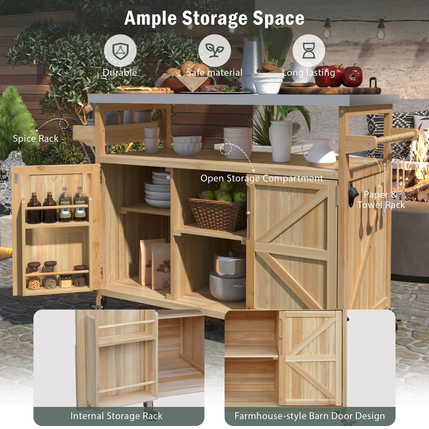 Sailret Outdoor Kitchen Island with Stainless Steel Top, Rolling Bar Cart & Storage Cabinet, 100% Solid Fir Wood BBQ Prep Station Grill Table with Spice Rack & Towel Holder (Natural, 50-Inch)