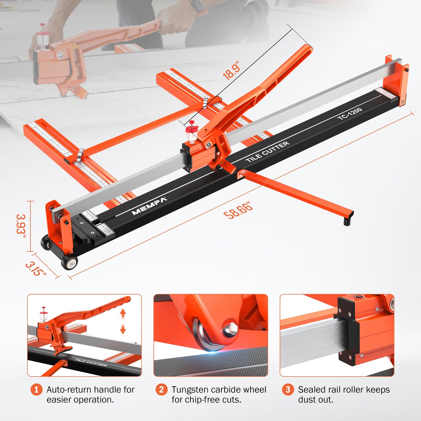 Mempa 48 Inch Manual Tile Cutter with Cutting Guide, Dust-Sealed Roller and Tungsten Wheel, Heavy-Duty Steel Rail Cutter for Ceramic and Porcelain