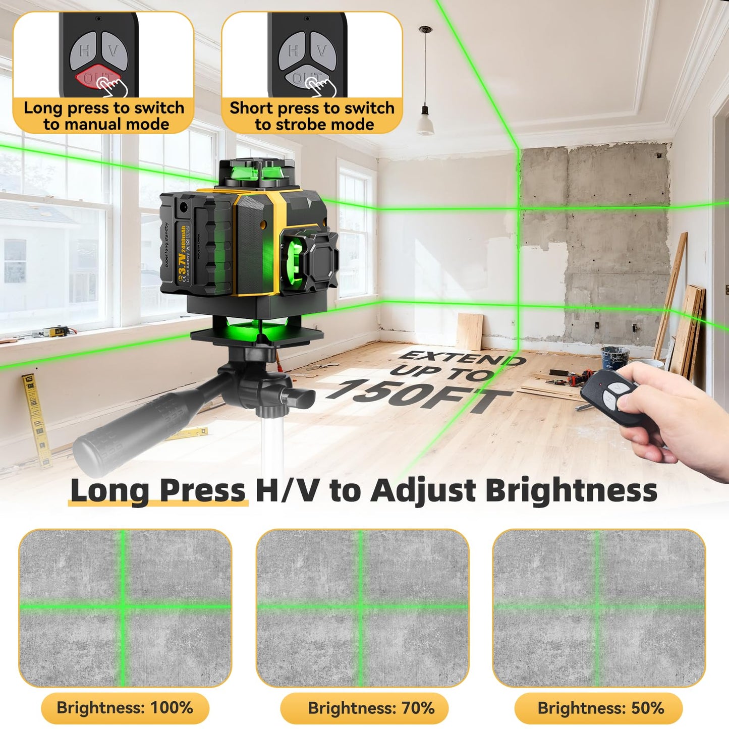 16 Lines Laser Level with Tripod - 360° Cross Line Laser with Tripod, 4D Green Laser Level, 4x360 Self Leveling Tool for Picture Hanging, Home Renovation, Indoor Project, 2 Batteries Included