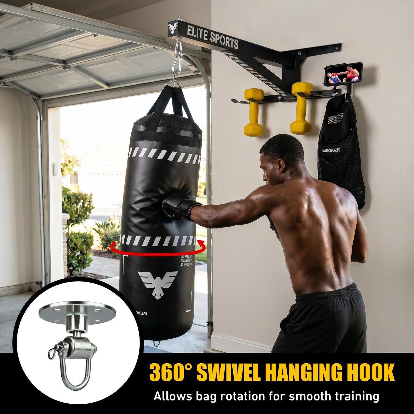 Elite Sports Heavy Duty Wall Mount Punching Bag Hanger, Fixed Stainless Steel Boxing Bag Bracket with Phone Holder, Jump Rope & Dumbbell Hooks, for MMA, Muay Thai, Kickboxing, Gym & Home Training