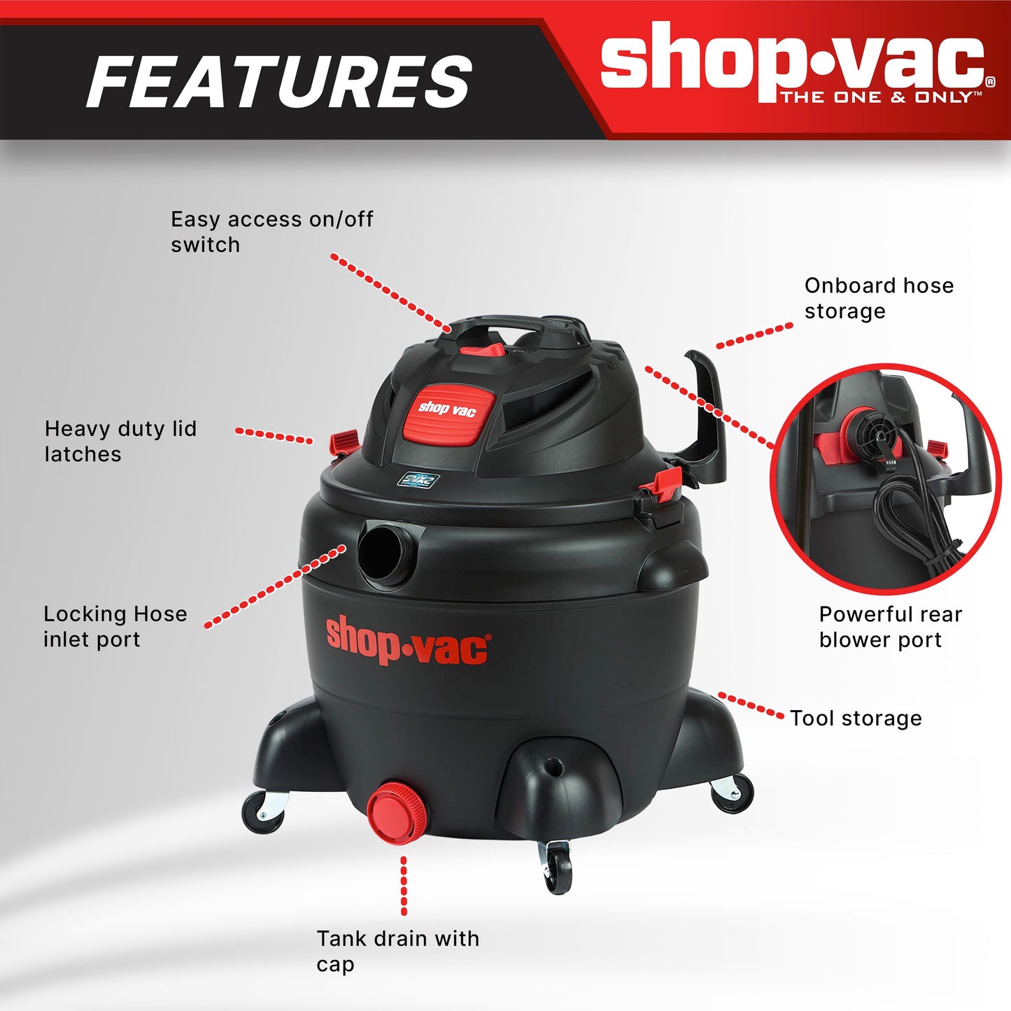 Shop-Vac 8252605 16 Gallon, Wet/Dry Utility Vacuum, 6.5 Peak HP, 2.5 Inch Diameter x 8 Foot Hose, 12 Foot Cord, Durable Design for Heavy-Duty Cleaning