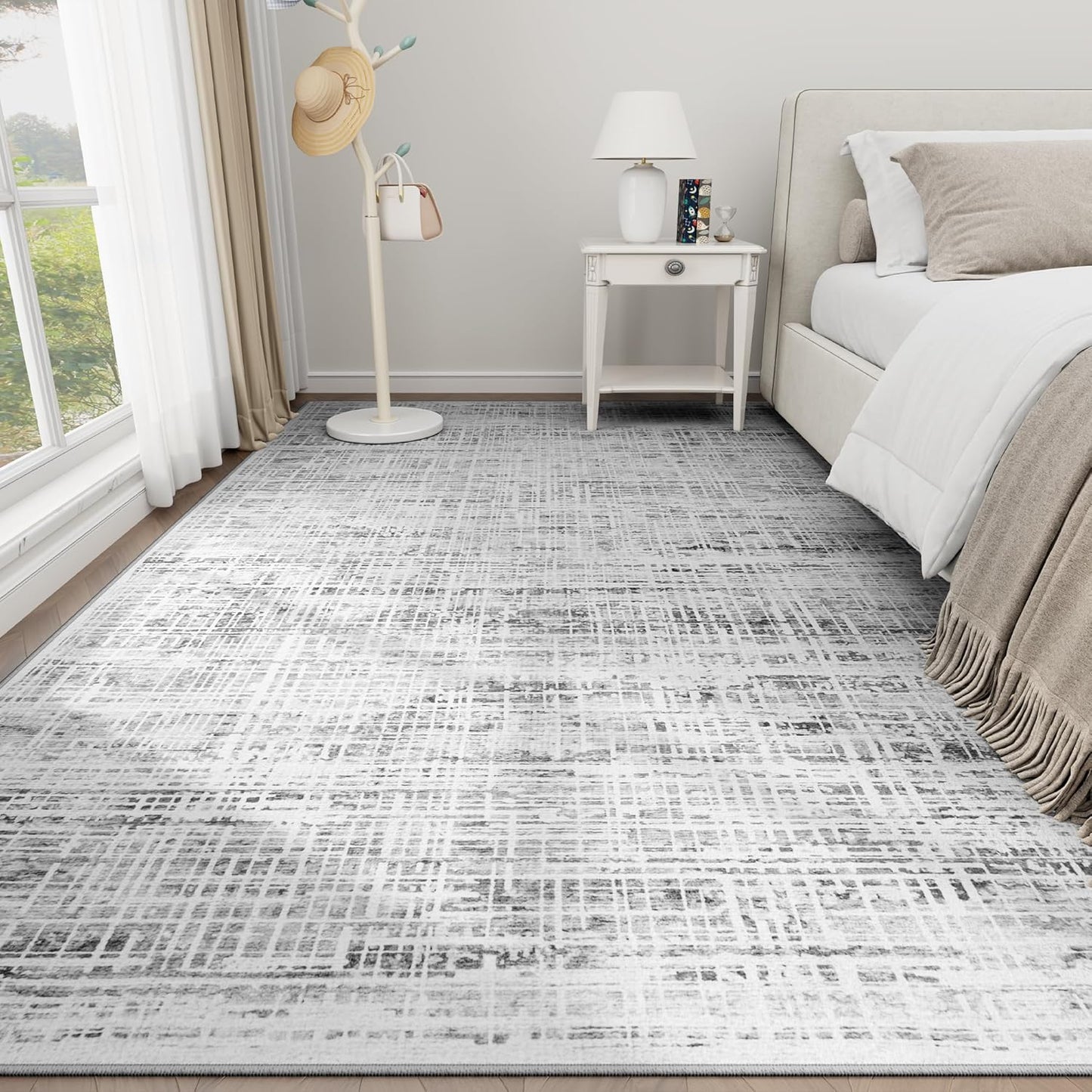 Skiennix 8x10 Area Rug - Washable Anti-Skid Abstract Design for Living Room | Soft Non-Shedding Carpet (White Gray)