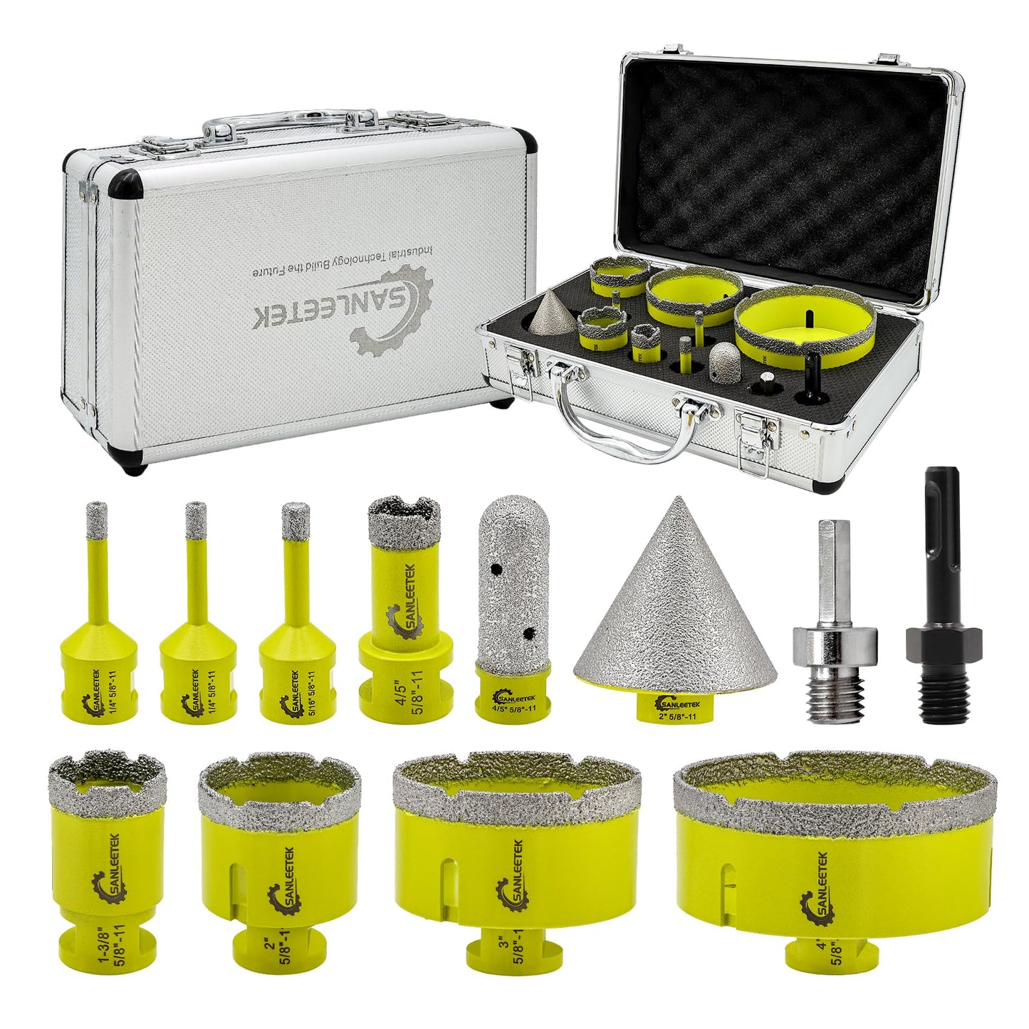 Diamond Tile Hole Saw Kit - Diamond Core Drill Bits Set SANLEETEK for Porcelain Tile Ceramic Marble 6/6/8/20/35/50/75/100MM+4/5'' Finger Bit+2" Chamfer Bit+SDS/HEX, 12pcs