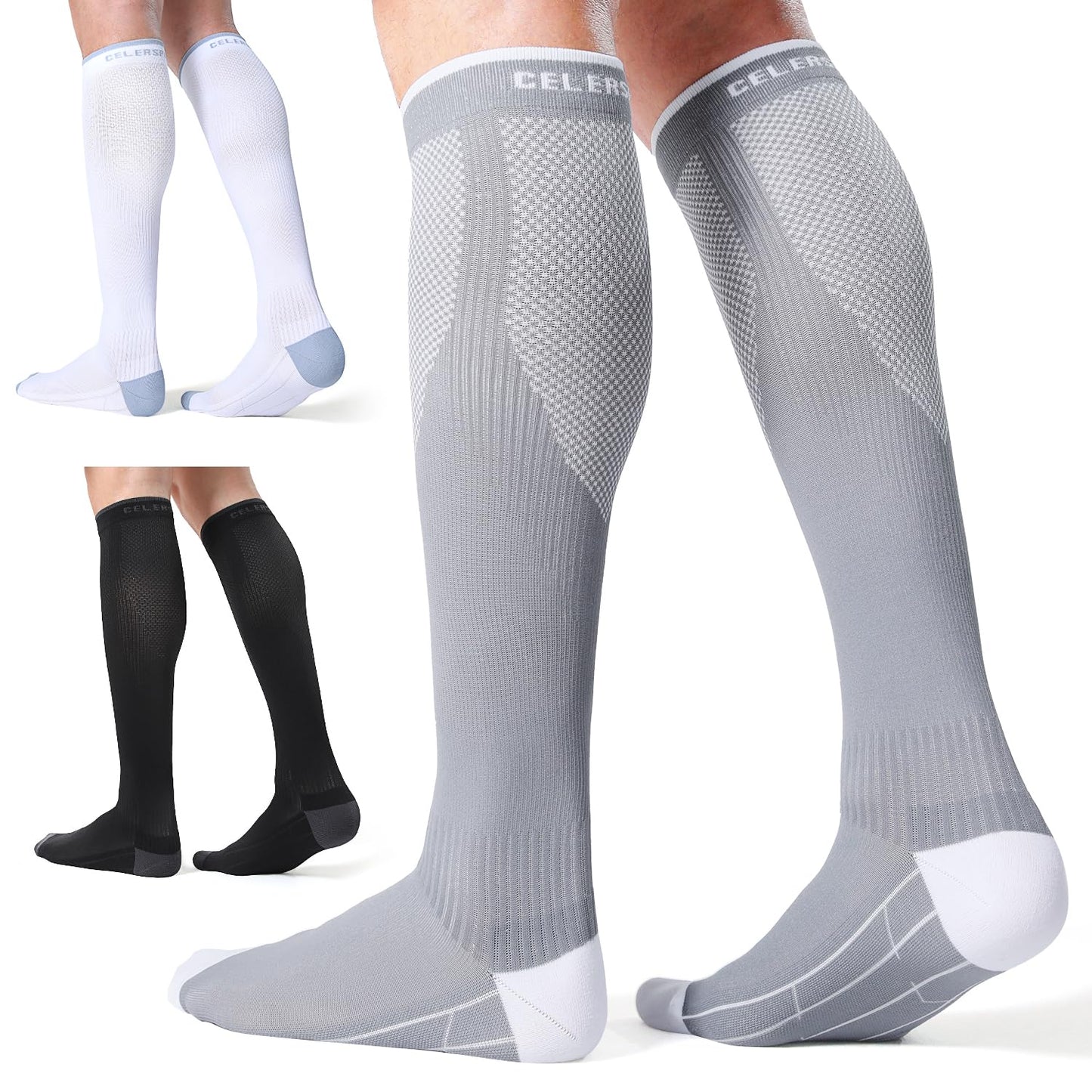 CS CELERSPORT 3 Pairs Compression Socks for Men and Women Running Support Socks Gifts for Men, Black + White + Grey, Large/X-Large