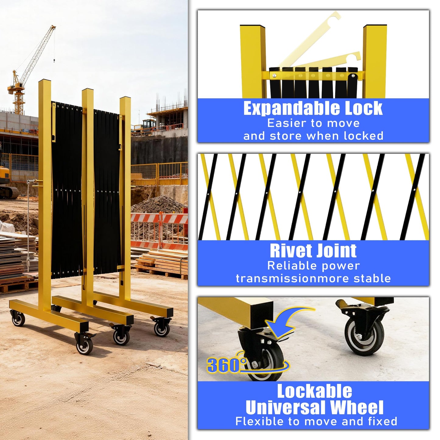 Industrial Expandable Barricade,Folding Security Gate Safety Barricade with Casters,Mobile Barrier Gate Outdoor,Adjustable Traffic Fence for Road Construction, Traffic Control,Pool (17FT)