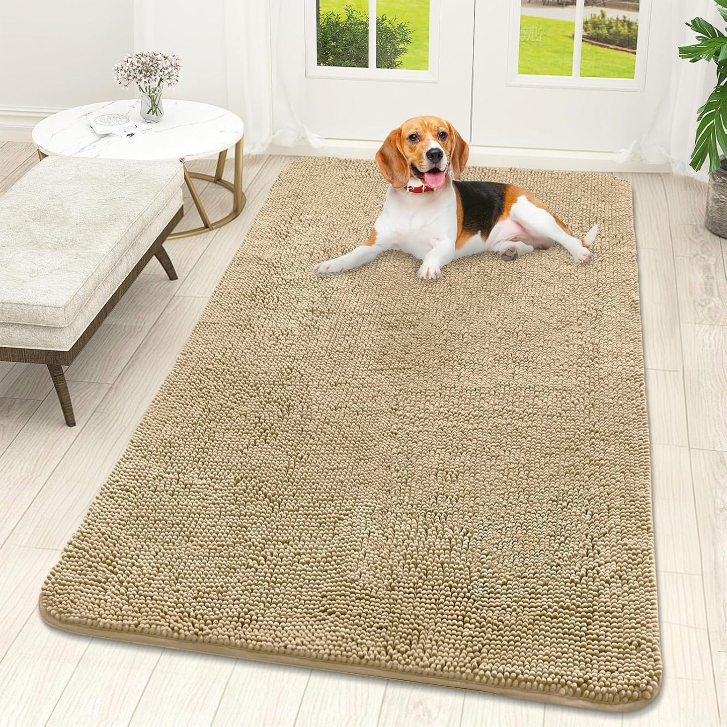 OLANLY Dog Door Mat - Absorbent Non-Slip Chenille Mat for Muddy Paws | 59x32 Inches, Beige