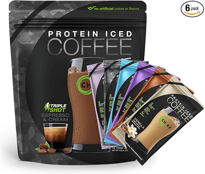 Chike High Protein Iced Coffee Sampler Pack and Triple Shot Bundle, 20 G Protein, 2-3 Shots Espresso, 1 G Sugar, Keto Friendly and Gluten Free, 14 Serving Bag and 6 Sample Packets, 20 Servings