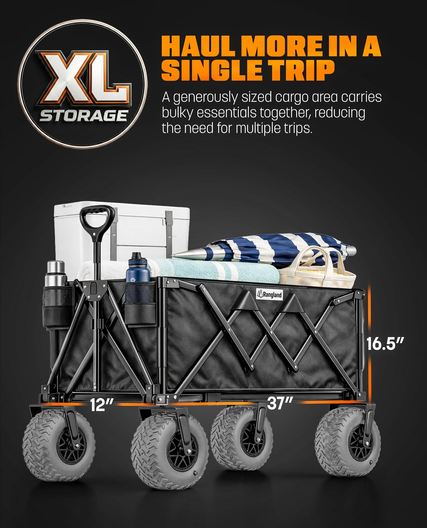 Beach Wagon with Heavy-Duty 10" Air Tires - All Terrain Folding Card with Big Wheels for Sand and Gravel - 300 LB. Capacity (Black)