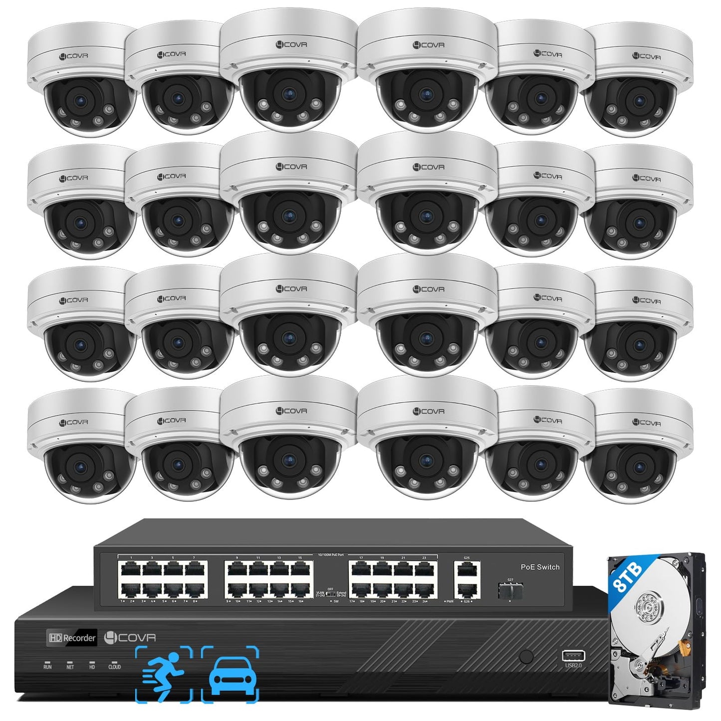 4COVR PoE AutoFocus 32 Channel Security Camera System AI Human Vehicle Detection, 24x 5MP 4X Optical Motorized Zoom IK10 Vandal-Proof Dome IP Camera IP67 with Mic, 4K UHD NVR 8TB HDD, LY57BA5M3224