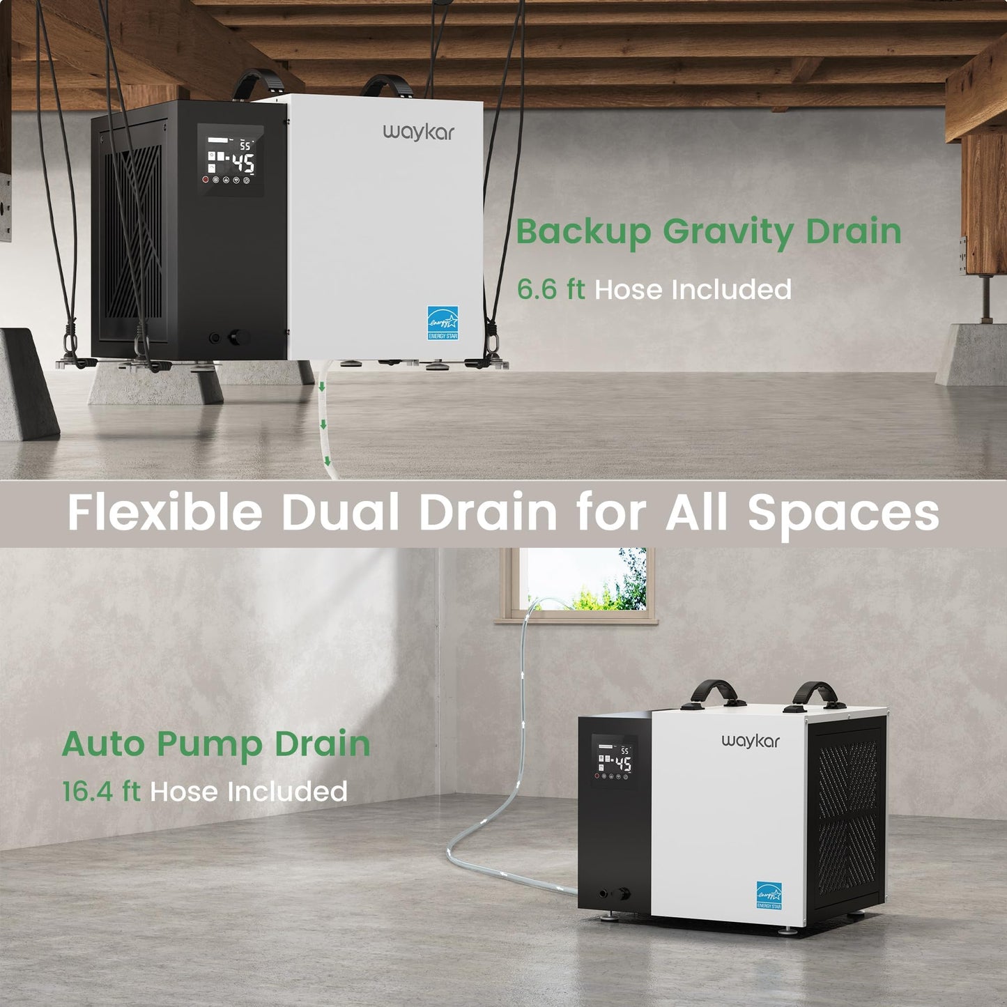 Waykar 70 Pint Energy Star Crawl Space Dehumidifier with Pump & Drain Hose for Basements, Commercial & Water Damage Spaces up to 5000 Sq. Ft., Compact, Strong Dehumidification, 5-Year Quality Coverage