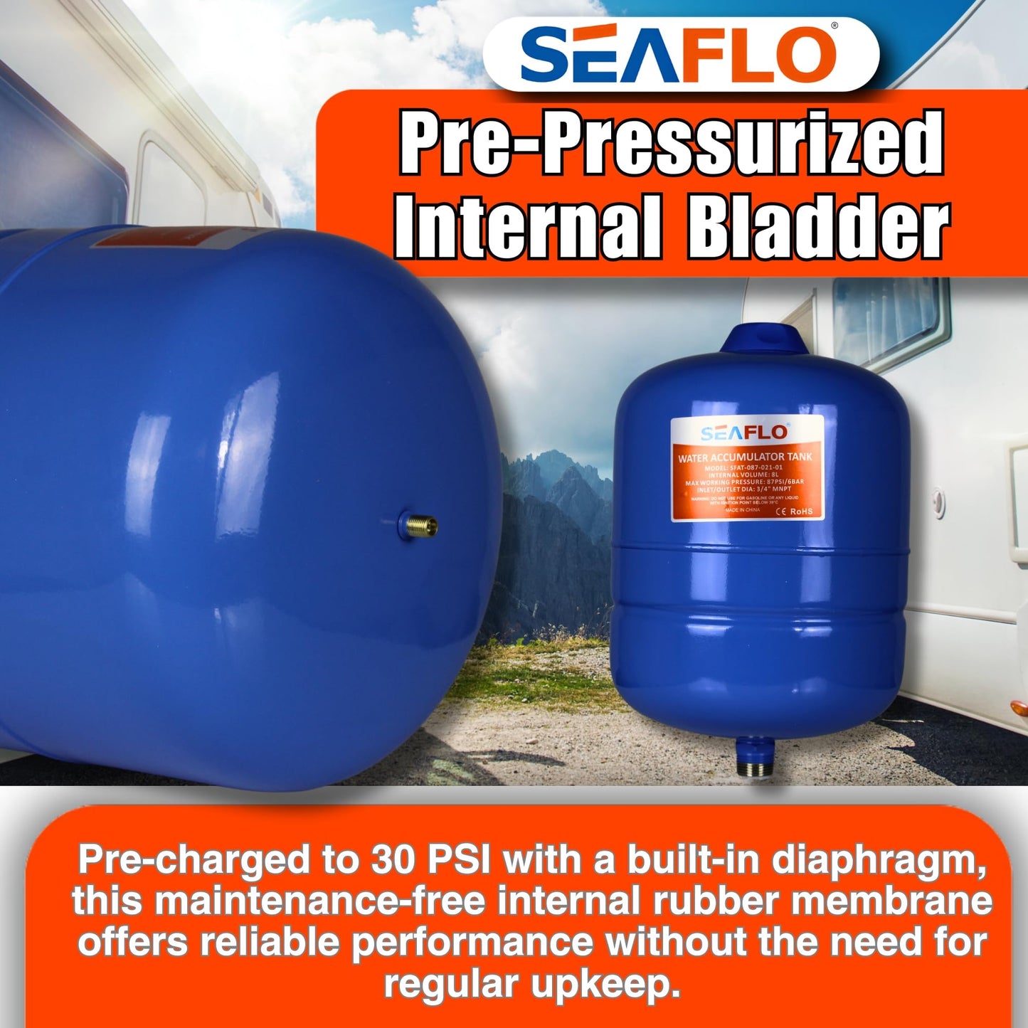 SEAFLO 2 Gallon Pre-Pressurized Accumulator Expansion Tank – Reduces Pump Cycling, Smooth Water Flow, 87 PSI, 3/4" MNPT, Compact Design for RV, Marine, Boat & Off-Grid Systems – 4-Year Warranty